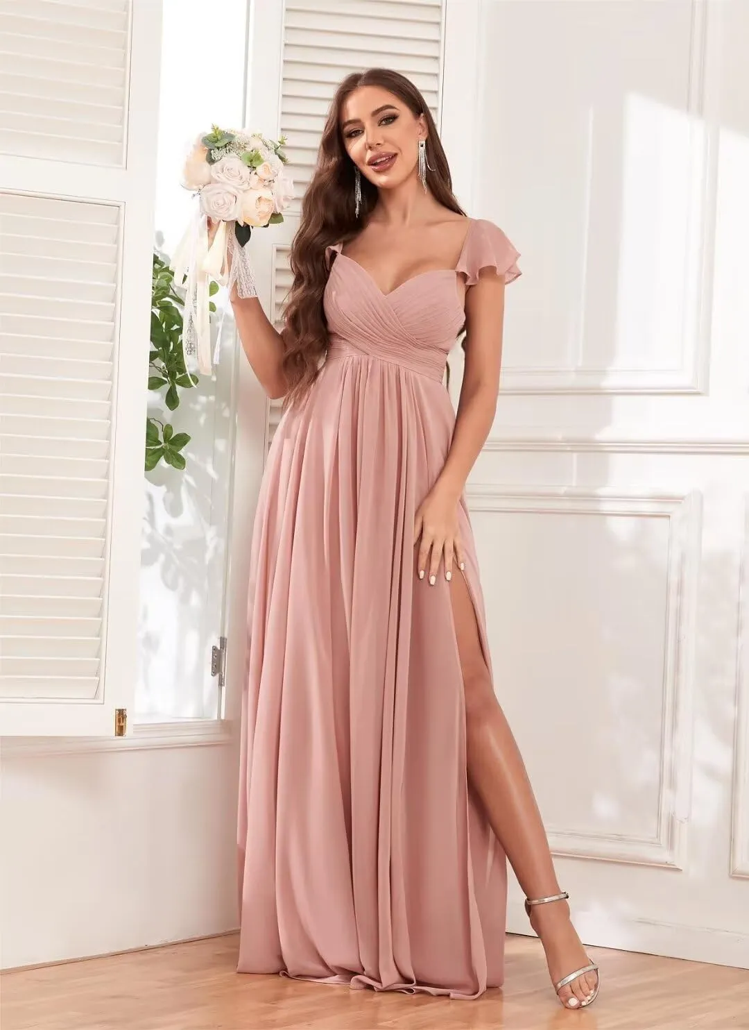 VCCICANY Ruffle Chiffon Bridesmaid Dresses with Slit Pleated Prom Dress with Pockets Evening Formal Gown
