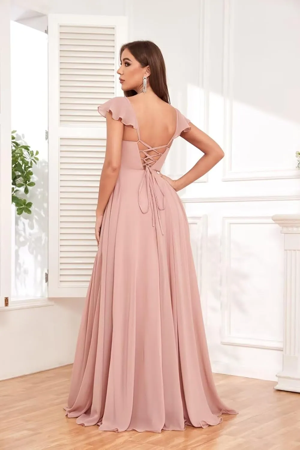 VCCICANY Ruffle Chiffon Bridesmaid Dresses with Slit Pleated Prom Dress with Pockets Evening Formal Gown