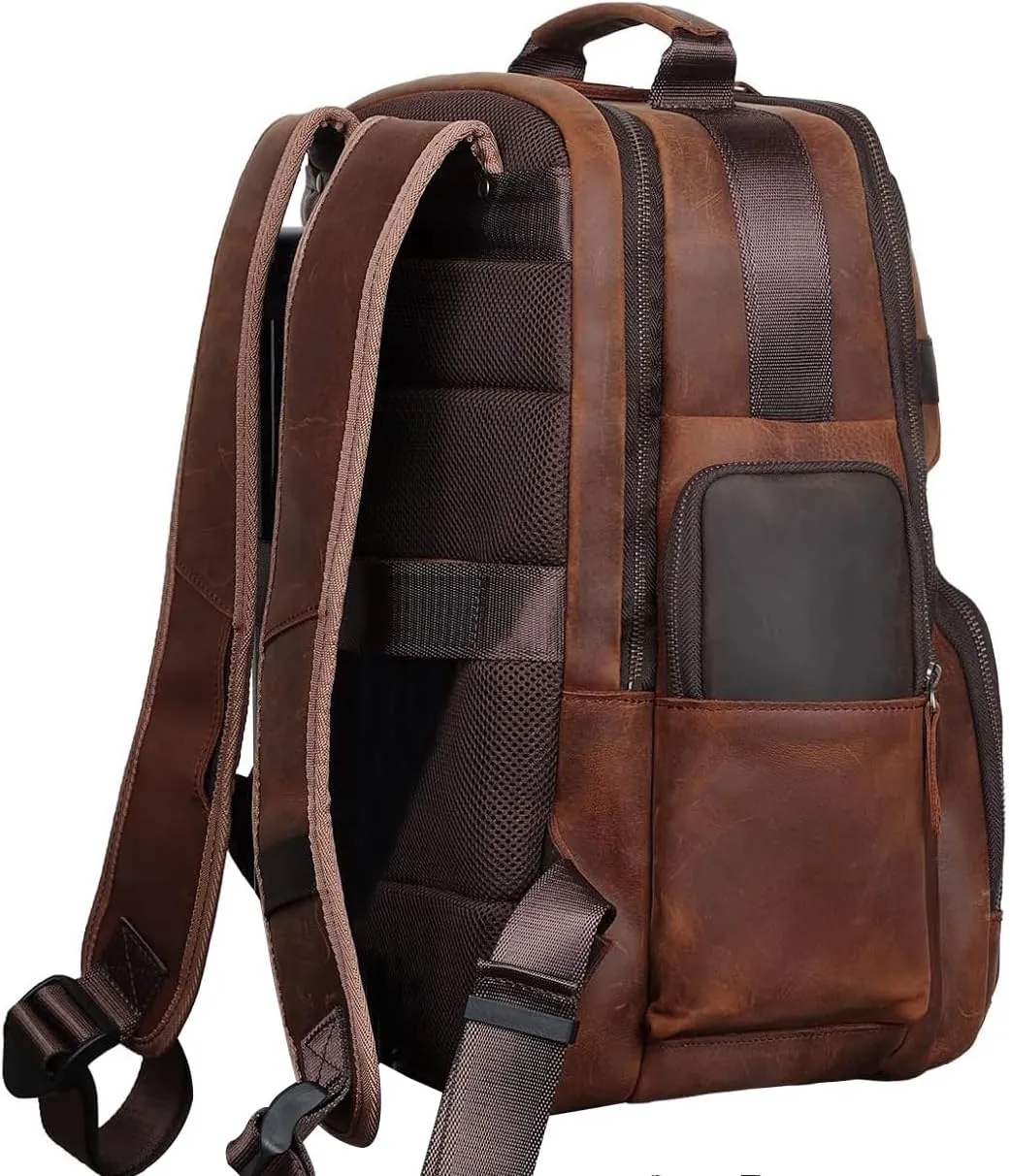 Vintage Brown Cowhide Leather Backpack - Real Cow Leather Multipurpose Travel Bag - Carry On Shoulder Laptop Bagpack for Adult
