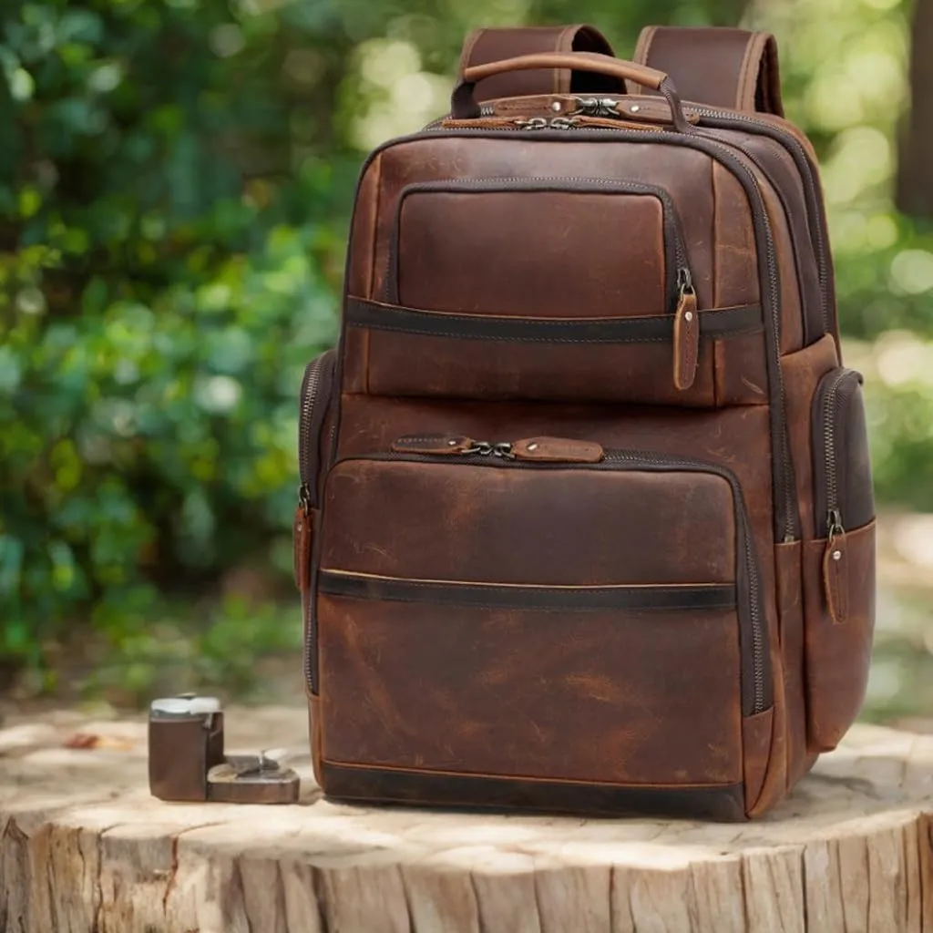 Vintage Brown Cowhide Leather Backpack - Real Cow Leather Multipurpose Travel Bag - Carry On Shoulder Laptop Bagpack for Adult