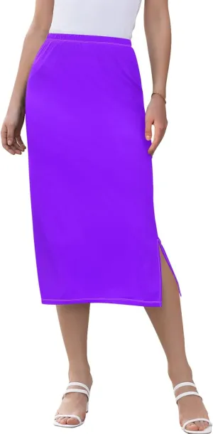 Violet Midi Skirt with Slit Womens Floral Mid Calf Skirt High Waist Stretch Print Skirt