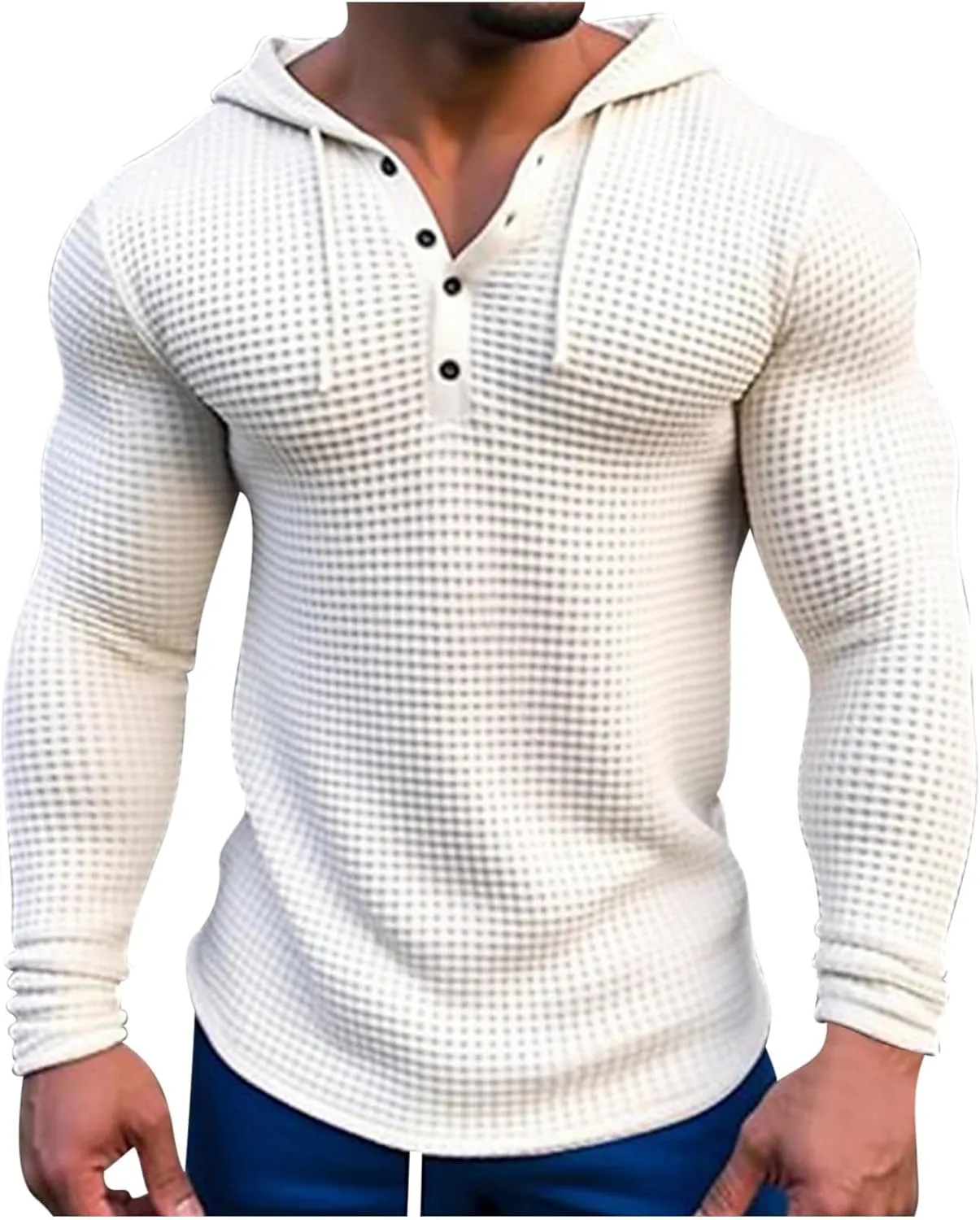Waffle Hoodie Men Long Sleeve Polo Hoodies Texture Knit Hooded Sweatshirt Gym Muscle Fit T Shirts Workout Pullover Tops
