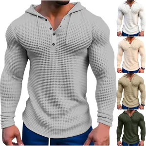 Waffle Hoodie Men Long Sleeve Polo Hoodies Texture Knit Hooded Sweatshirt Gym Muscle Fit T Shirts Workout Pullover Tops