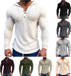 Waffle Hoodie Men Long Sleeve Polo Hoodies Texture Knit Hooded Sweatshirt Gym Muscle Fit T Shirts Workout Pullover Tops