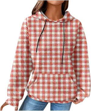 Waffle Hoodie Sweatshirts for Women Long Sleeve Shirts Fall Casual Tops Blouse Plaid Pullover with Pocket 2024, Small