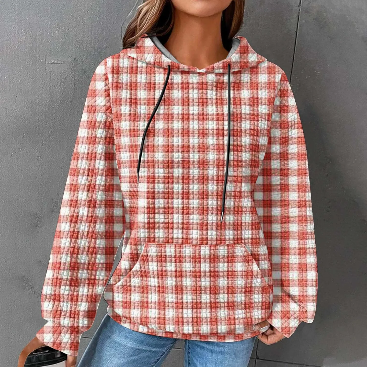 Waffle Hoodie Sweatshirts for Women Long Sleeve Shirts Fall Casual Tops Blouse Plaid Pullover with Pocket 2024, Small
