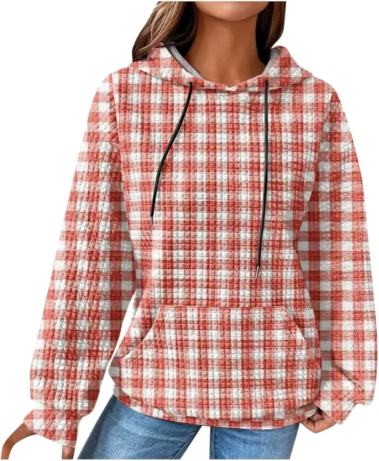 Waffle Hoodie Sweatshirts for Women Long Sleeve Shirts Fall Casual Tops Blouse Plaid Pullover with Pocket 2024, Small