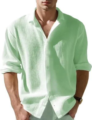 Waffle Knit Long Sleeve Button Down Shirt Men Summer Casual Beach Shirts Dressy Textured Wrinkle-Free Untucked Tops