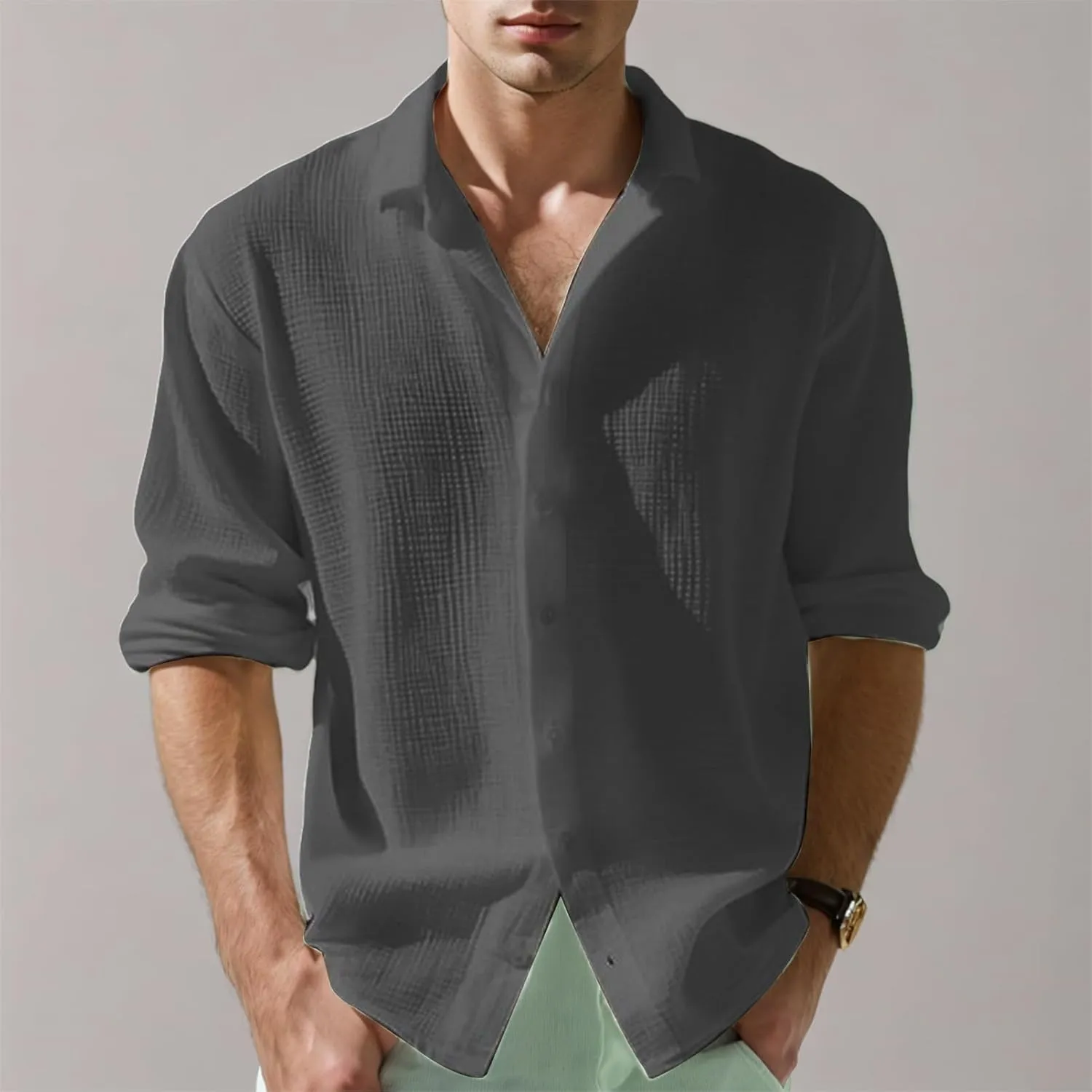 Waffle Knit Long Sleeve Button Down Shirt Men Summer Casual Beach Shirts Dressy Textured Wrinkle-Free Untucked Tops