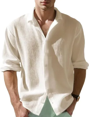 Waffle Knit Long Sleeve Button Down Shirt Men Summer Casual Beach Shirts Dressy Textured Wrinkle-Free Untucked Tops