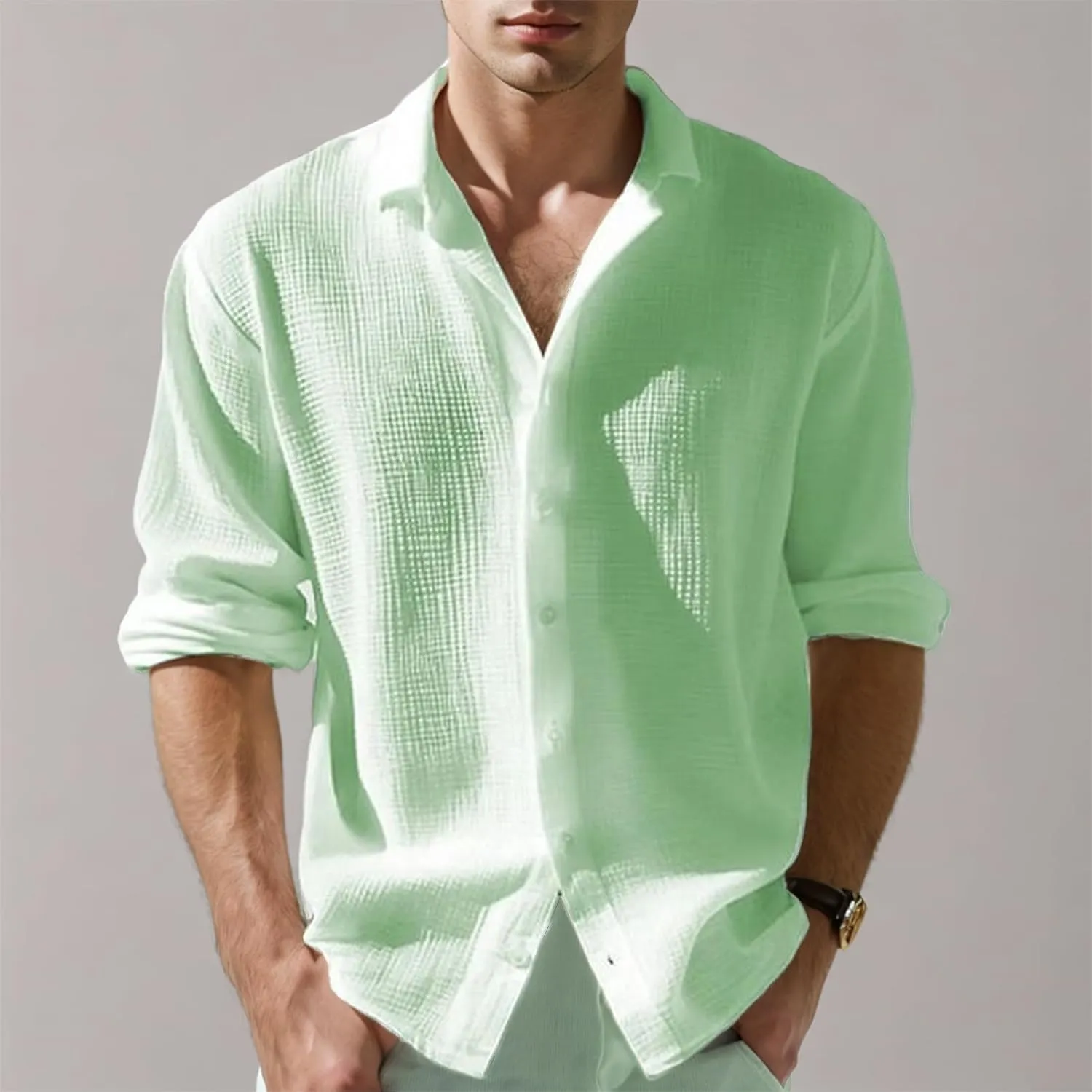 Waffle Knit Long Sleeve Button Down Shirt Men Summer Casual Beach Shirts Dressy Textured Wrinkle-Free Untucked Tops