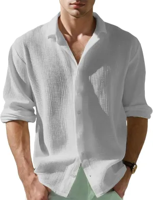 Waffle Knit Long Sleeve Button Down Shirt Men Summer Casual Beach Shirts Dressy Textured Wrinkle-Free Untucked Tops