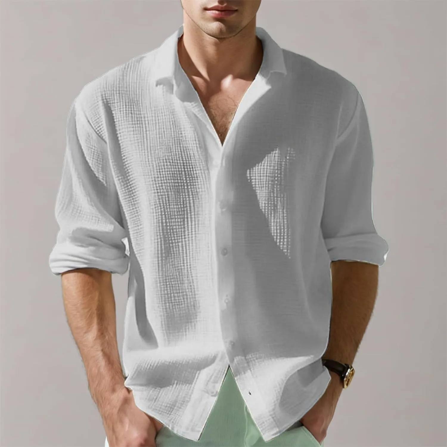 Waffle Knit Long Sleeve Button Down Shirt Men Summer Casual Beach Shirts Dressy Textured Wrinkle-Free Untucked Tops