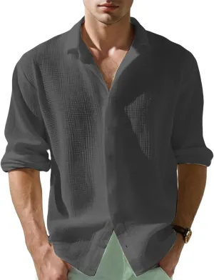 Waffle Knit Long Sleeve Button Down Shirt Men Summer Casual Beach Shirts Dressy Textured Wrinkle-Free Untucked Tops