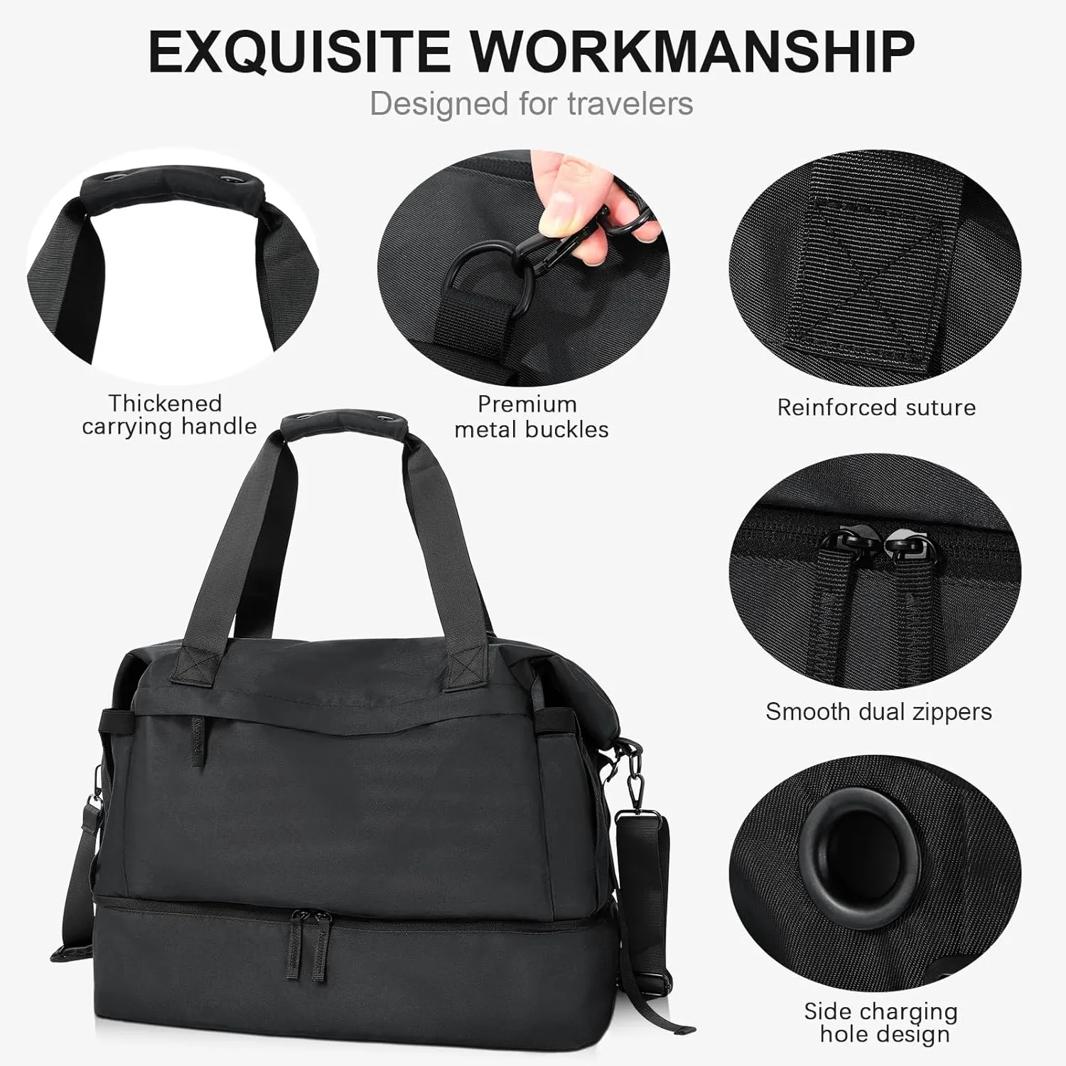 Weekender Gym Bag for Women with Shoes Compartment, Wet Pocket & USB Charging Port - Carry On for Travel, Gym, Weekend (Black)