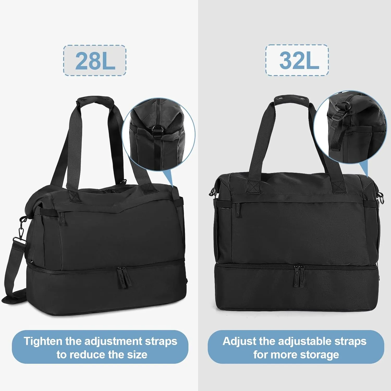 Weekender Gym Bag for Women with Shoes Compartment, Wet Pocket & USB Charging Port - Carry On for Travel, Gym, Weekend (Black)