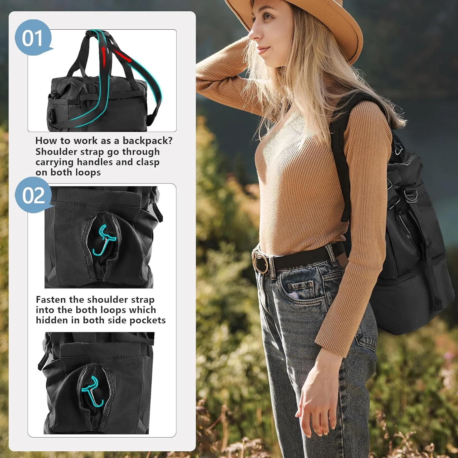 Weekender Gym Bag for Women with Shoes Compartment, Wet Pocket & USB Charging Port - Carry On for Travel, Gym, Weekend (Black)