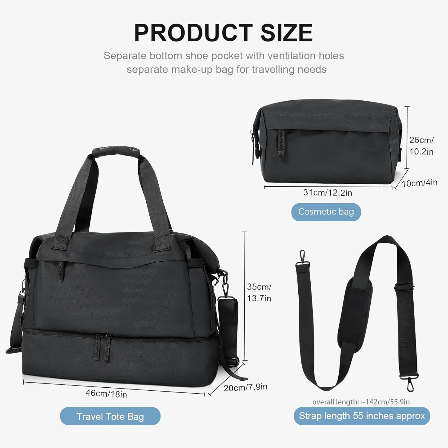 Weekender Gym Bag for Women with Shoes Compartment, Wet Pocket & USB Charging Port - Carry On for Travel, Gym, Weekend (Black)