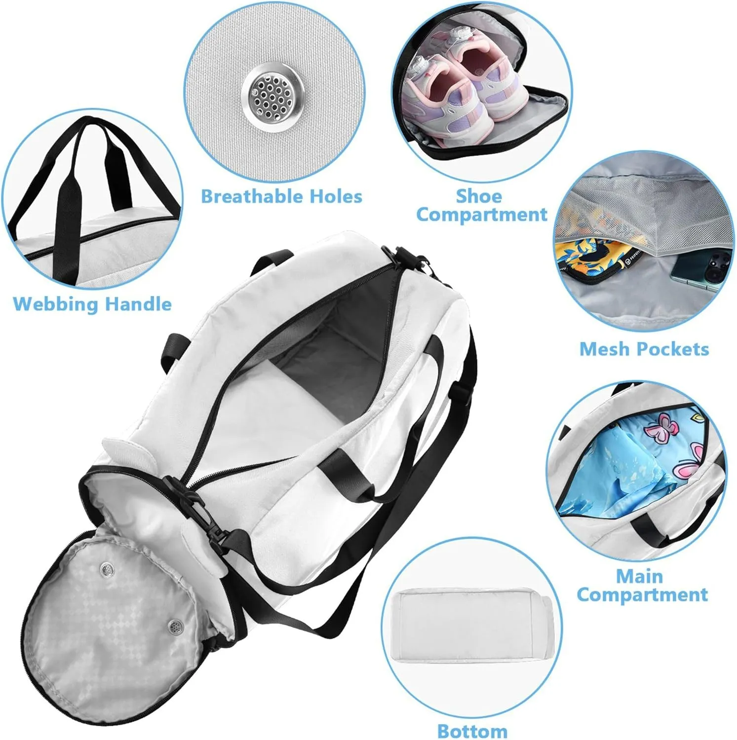 White Color Gym Duffel Bag with Shoes Compartment Large Capacity Kids Overnight Duffel Bag for Beach Swim Bags Pool Sports