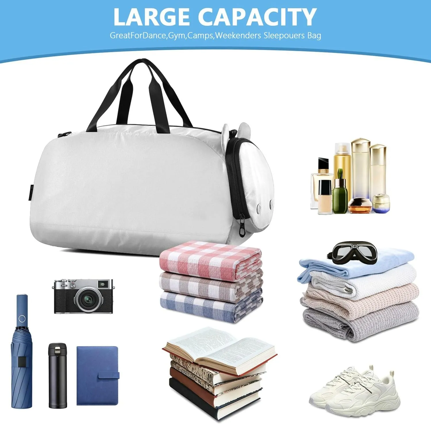White Color Gym Duffel Bag with Shoes Compartment Large Capacity Kids Overnight Duffel Bag for Beach Swim Bags Pool Sports