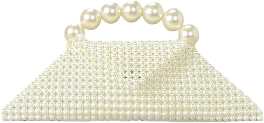 White Pearl Clutch Purses for Women Woven Beaded Purse with Top Handle Glossy Evening Bag for Wedding Party Prom Trendy 2025