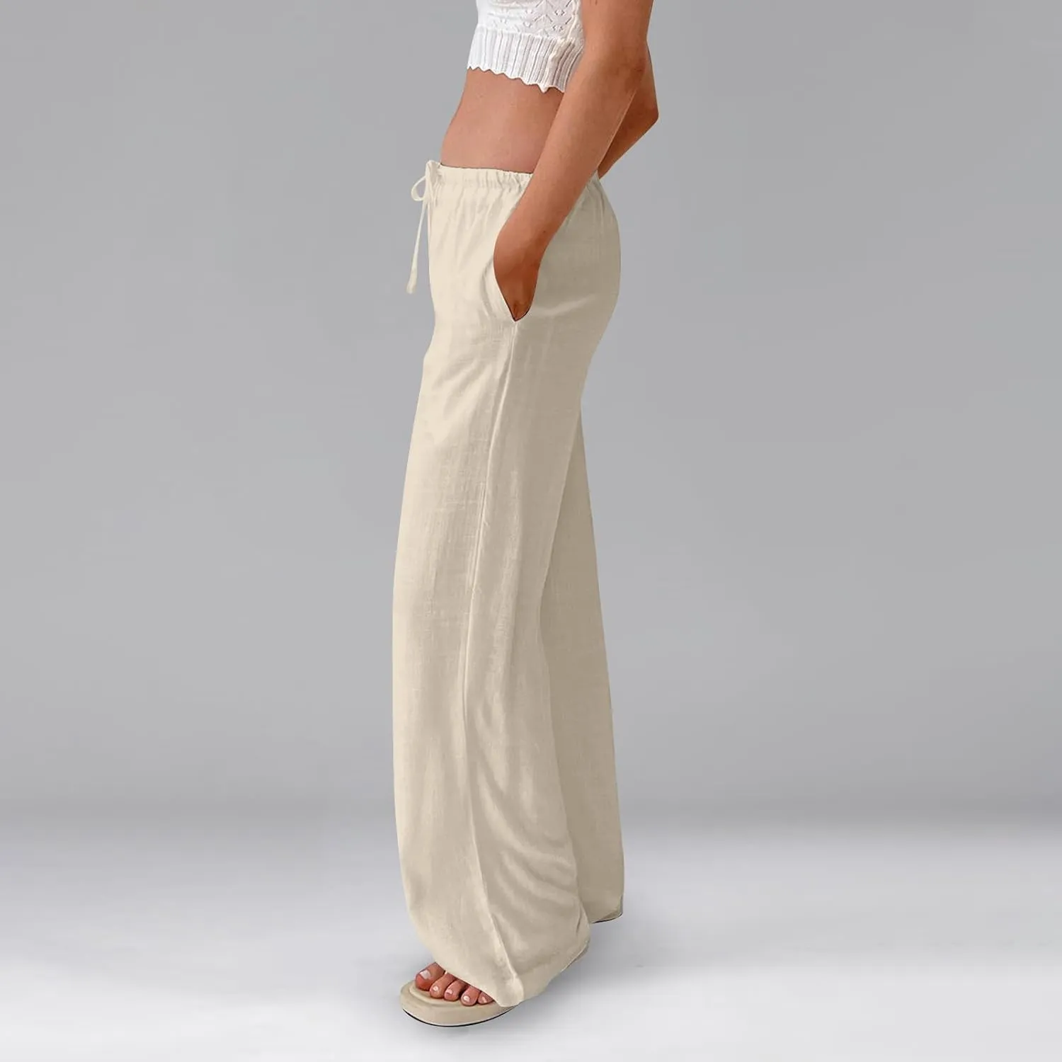 Wide Leg Linen Pants for Women Summer Loose Drawstring Elastic Low Rise Pants with Pockets Comfy Casual Outfits