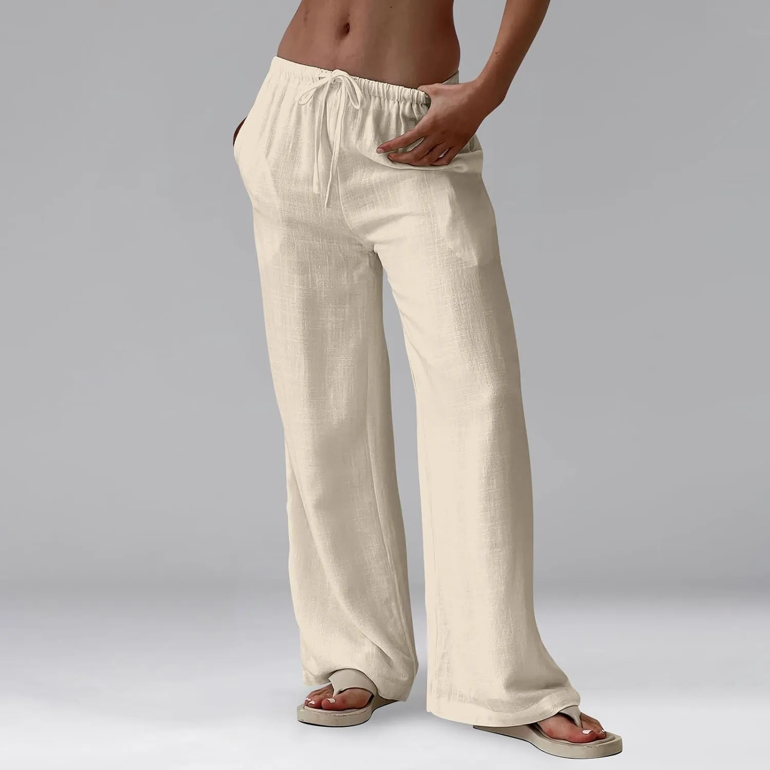 Wide Leg Linen Pants for Women Summer Loose Drawstring Elastic Low Rise Pants with Pockets Comfy Casual Outfits