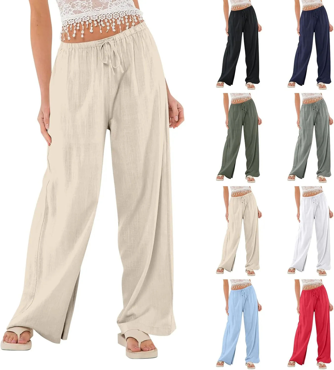 Wide Leg Linen Pants for Women Summer Loose Drawstring Elastic Low Rise Pants with Pockets Comfy Casual Outfits