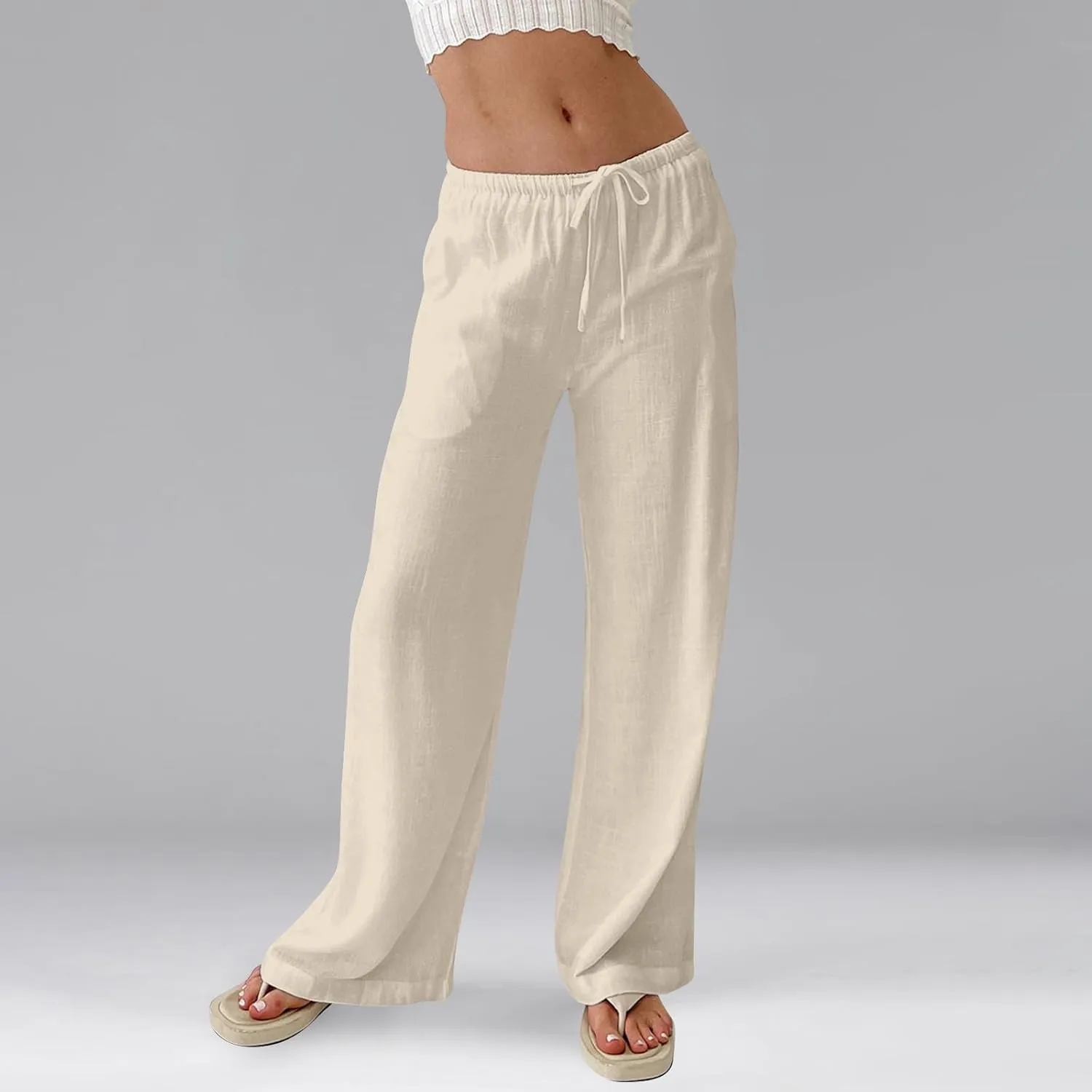 Wide Leg Linen Pants for Women Summer Loose Drawstring Elastic Low Rise Pants with Pockets Comfy Casual Outfits