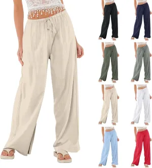 Wide Leg Linen Pants for Women Summer Loose Drawstring Elastic Low Rise Pants with Pockets Comfy Casual Outfits