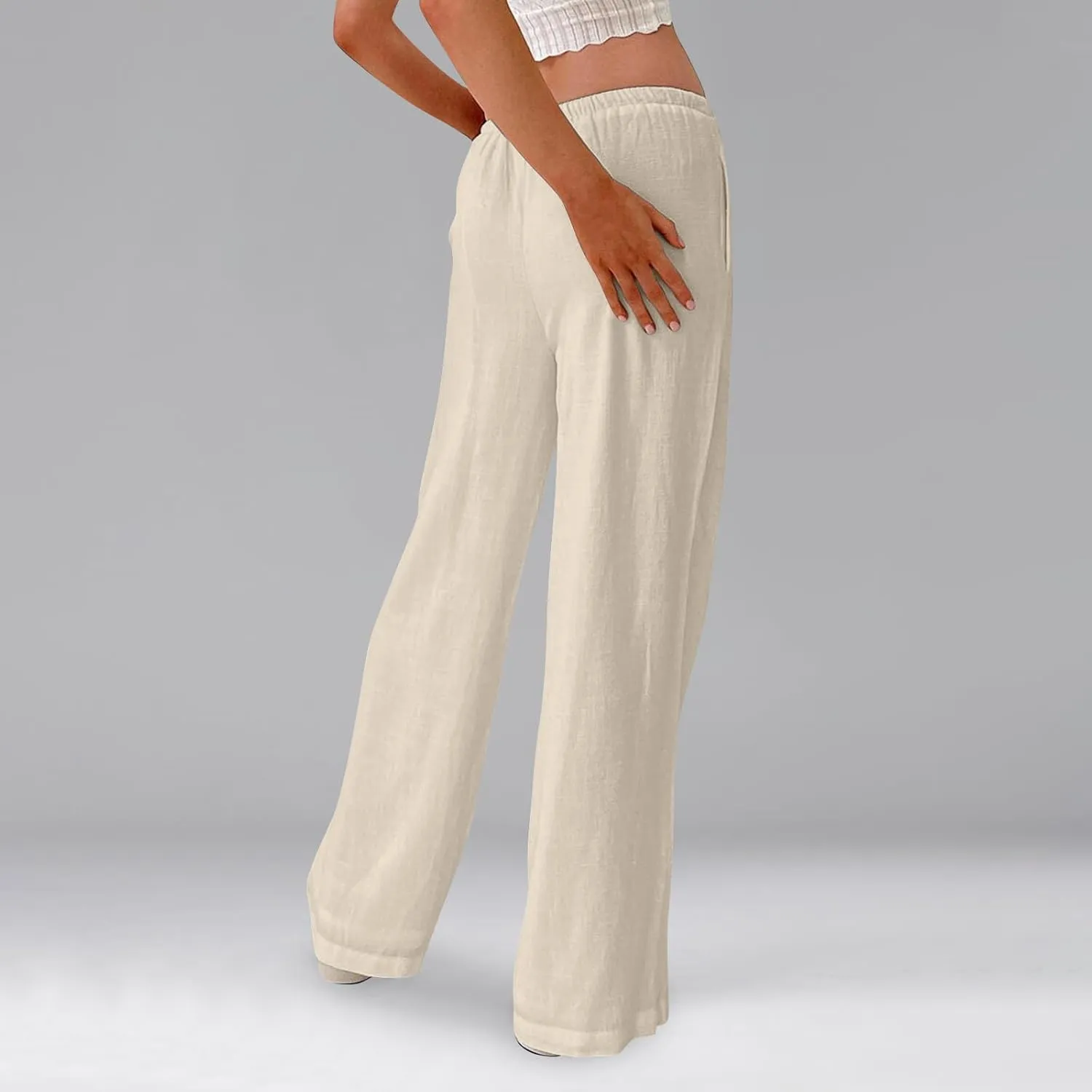 Wide Leg Linen Pants for Women Summer Loose Drawstring Elastic Low Rise Pants with Pockets Comfy Casual Outfits