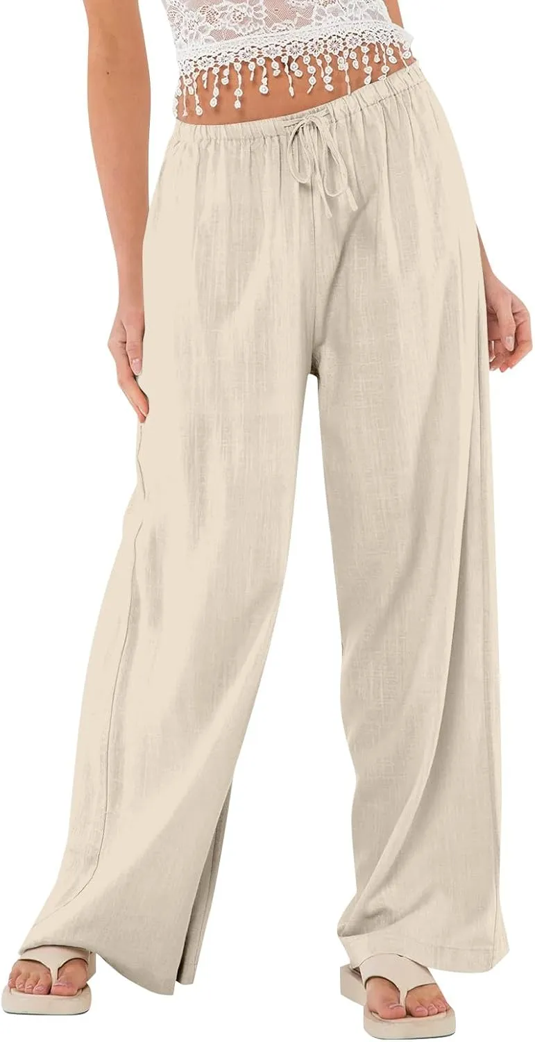 Wide Leg Linen Pants for Women Summer Loose Drawstring Elastic Low Rise Pants with Pockets Comfy Casual Outfits