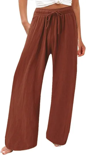 Wide Leg Linen Pants Women Plus Size High Waisted Palazzo Pant Casual Comfy Flowy Beach Summer Trousers with Pockets