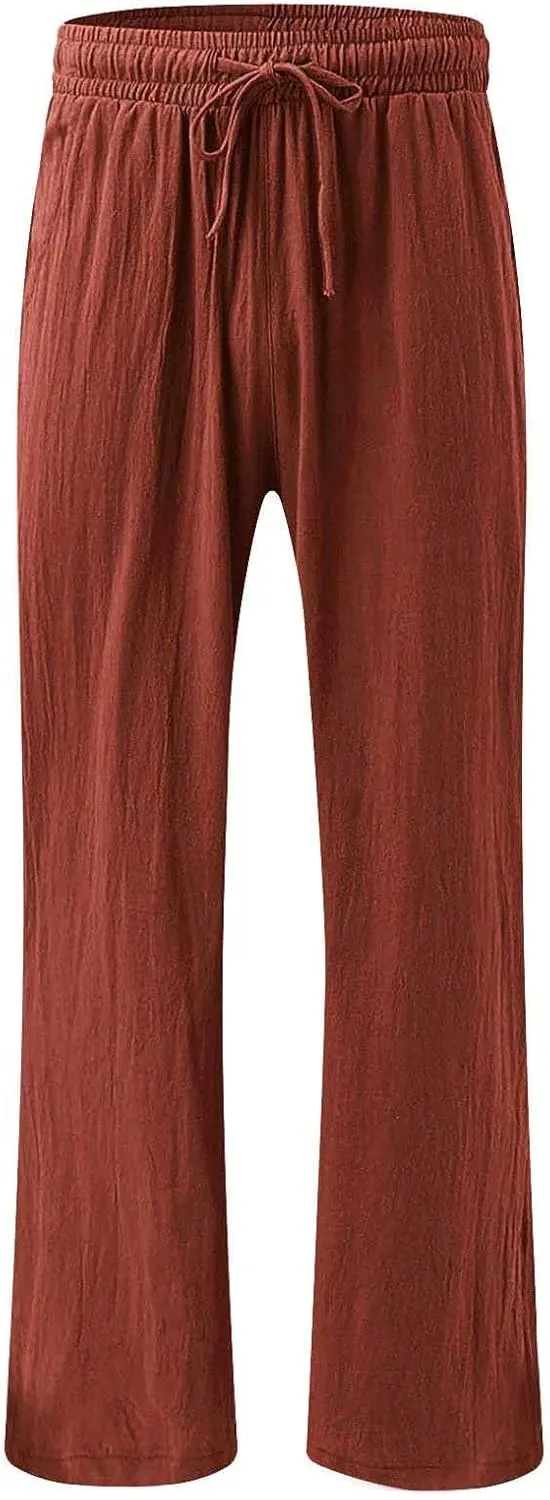 Wide Leg Linen Pants Women Plus Size High Waisted Palazzo Pant Casual Comfy Flowy Beach Summer Trousers with Pockets