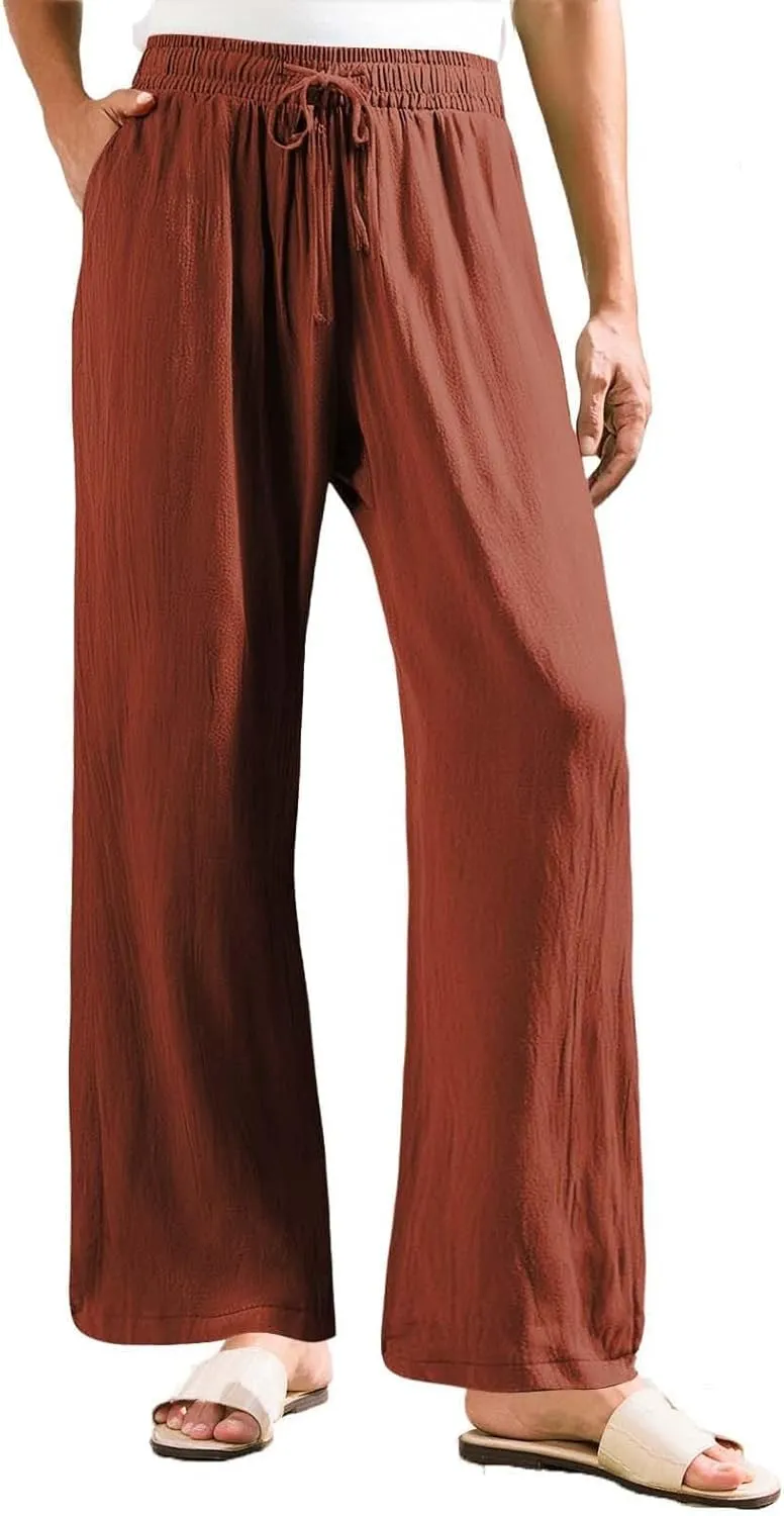 Wide Leg Linen Pants Women Plus Size High Waisted Palazzo Pant Casual Comfy Flowy Beach Summer Trousers with Pockets