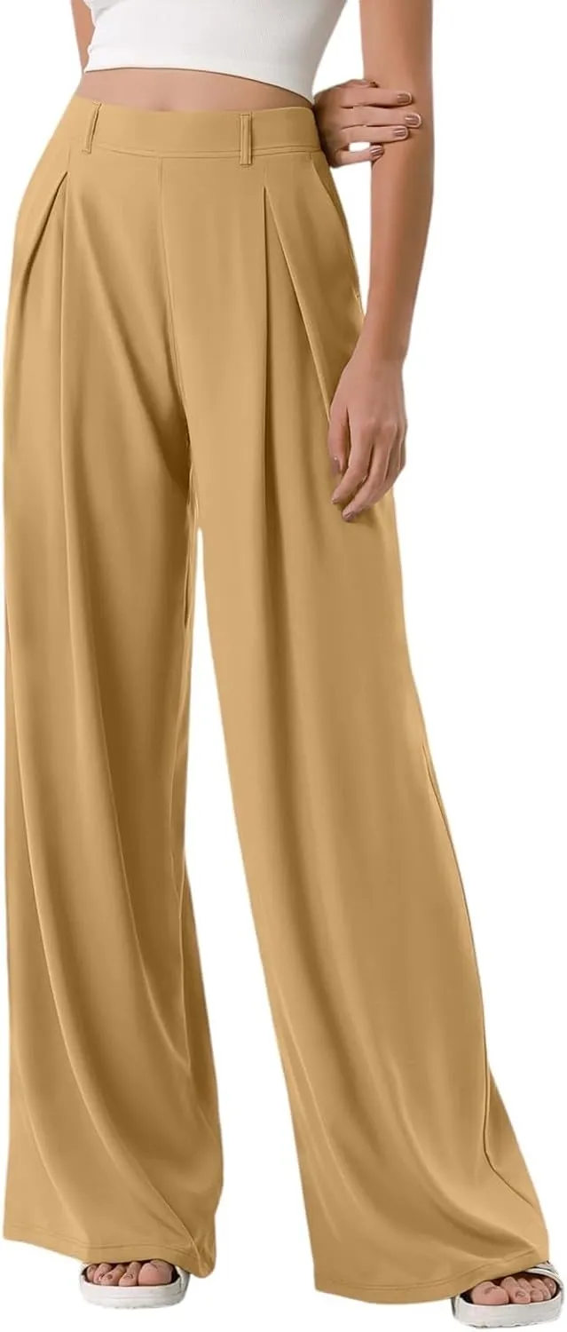 Wide Leg Pants for Women Pull On Flowy Palazzo Pants Lightweight Summer High Wasited Dress Pants with Pockets