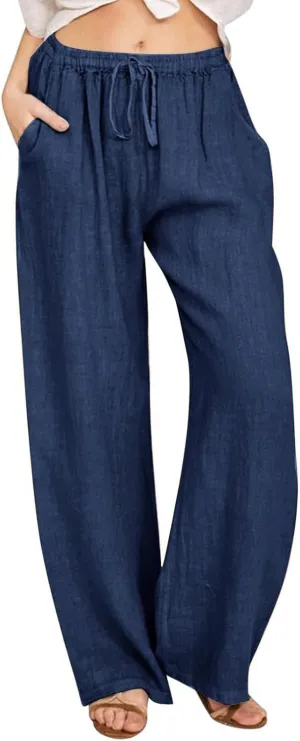 Wide Leg Pants for Women Summer Cotton Linen Palazzo Pants Drawstring Waist Casual Loose Comfy Trousers with Pockets
