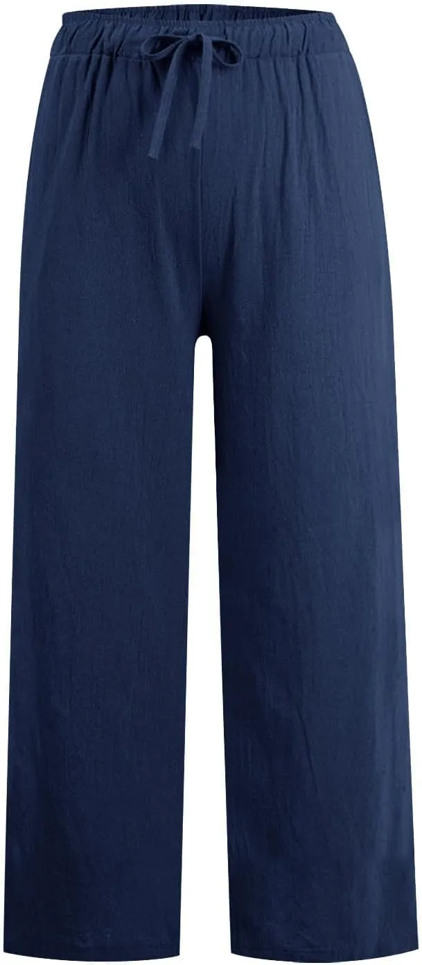 Wide Leg Pants for Women Summer Cotton Linen Palazzo Pants Drawstring Waist Casual Loose Comfy Trousers with Pockets