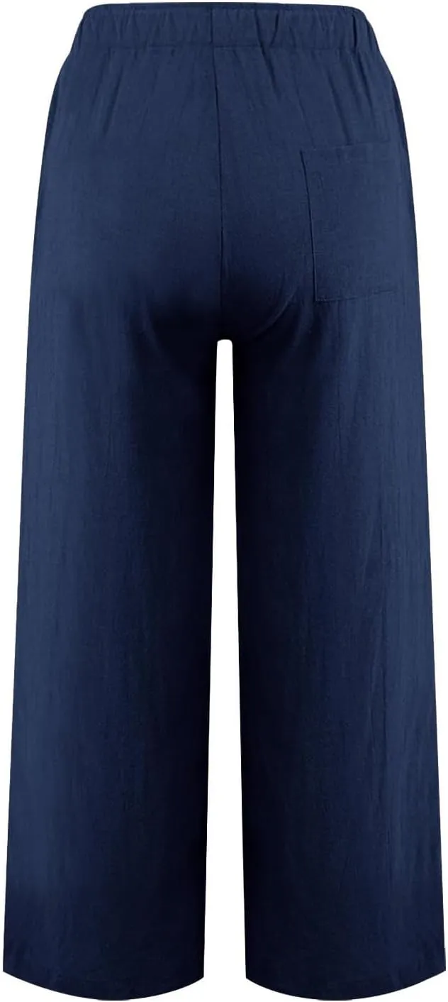 Wide Leg Pants for Women Summer Cotton Linen Palazzo Pants Drawstring Waist Casual Loose Comfy Trousers with Pockets