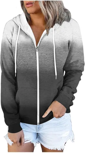 Winter Coats for Women Full Zip Drawstring Hoodies Gradient Long Sleeve Fall Jackets with Pockets Outdoor