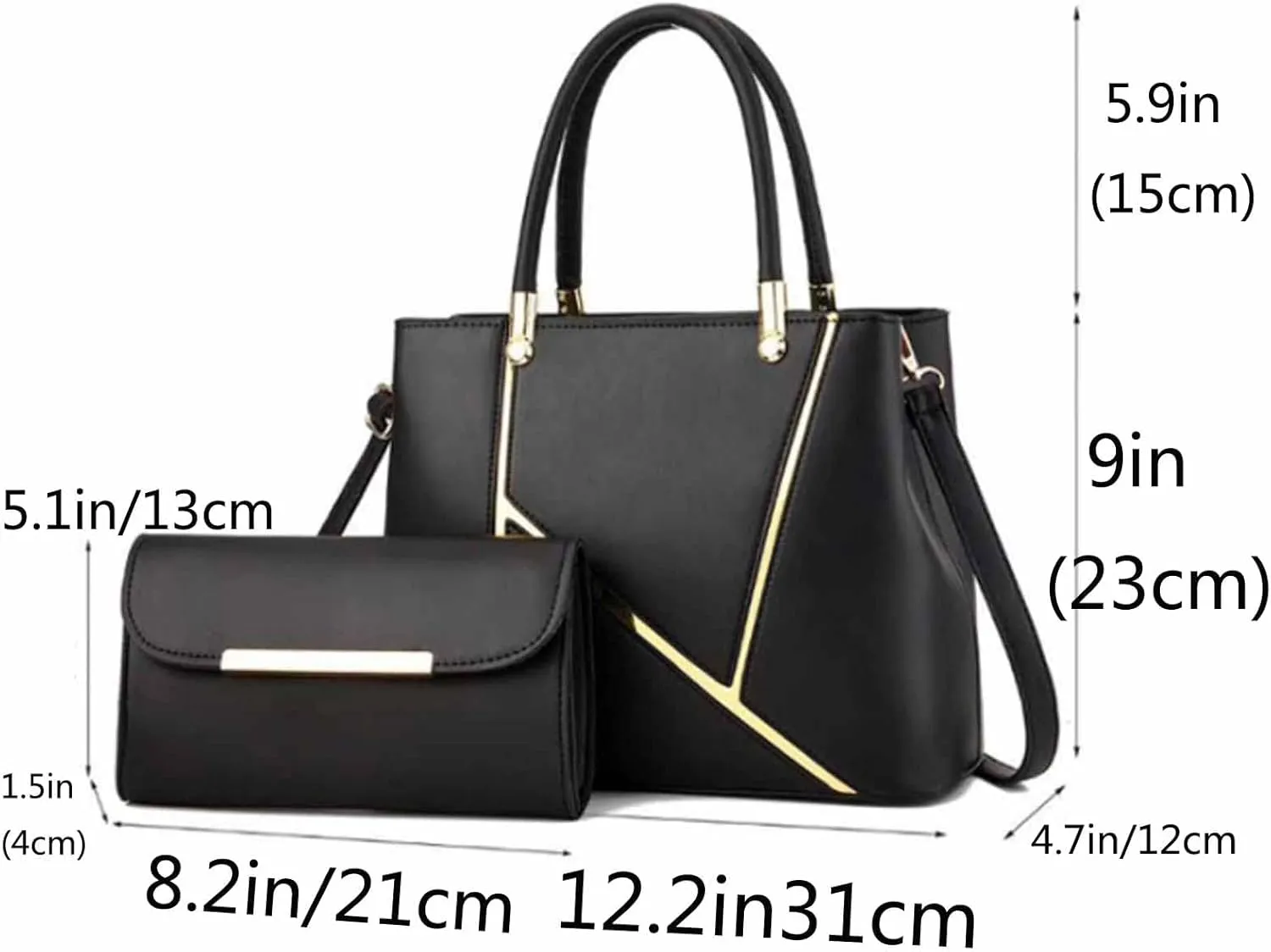 Women 2 PCS Top-handle Bag Stitching PU Leather Shoulder Bags Satchel Clutch Bags Purse Handbag-Burgundy