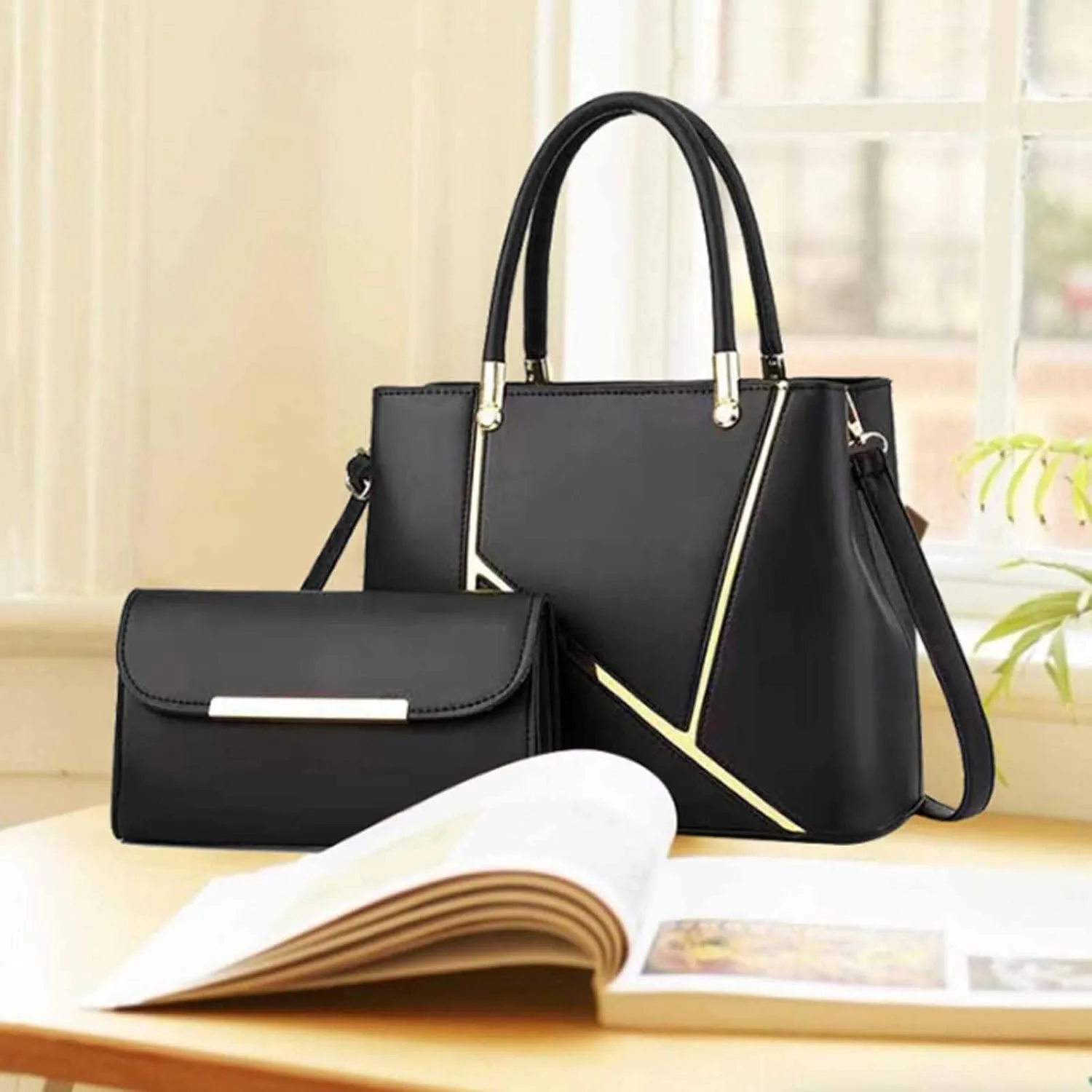 Women 2 PCS Top-handle Bag Stitching PU Leather Shoulder Bags Satchel Clutch Bags Purse Handbag-Burgundy