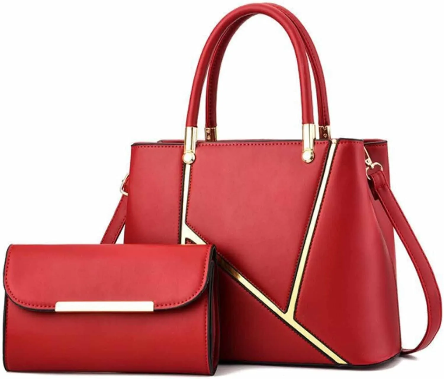 Women 2 PCS Top-handle Bag Stitching PU Leather Shoulder Bags Satchel Clutch Bags Purse Handbag-Burgundy