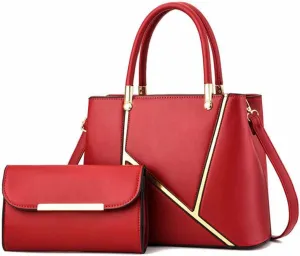 Women 2 PCS Top-handle Bag Stitching PU Leather Shoulder Bags Satchel Clutch Bags Purse Handbag-Burgundy
