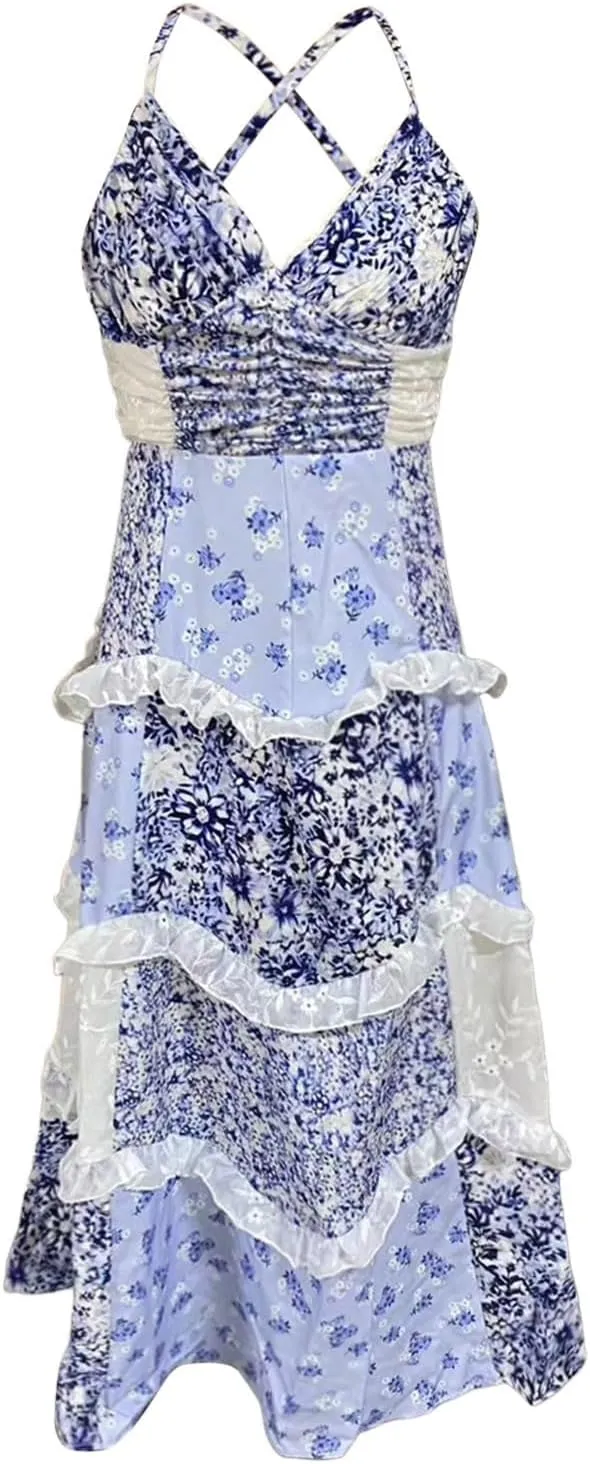 Women Boho Tie Shoulder Maxi Dress Y2k Floral Smocked Spaghetti Sleeveless Flowy Summer Lace Patchwork Beach Sundress