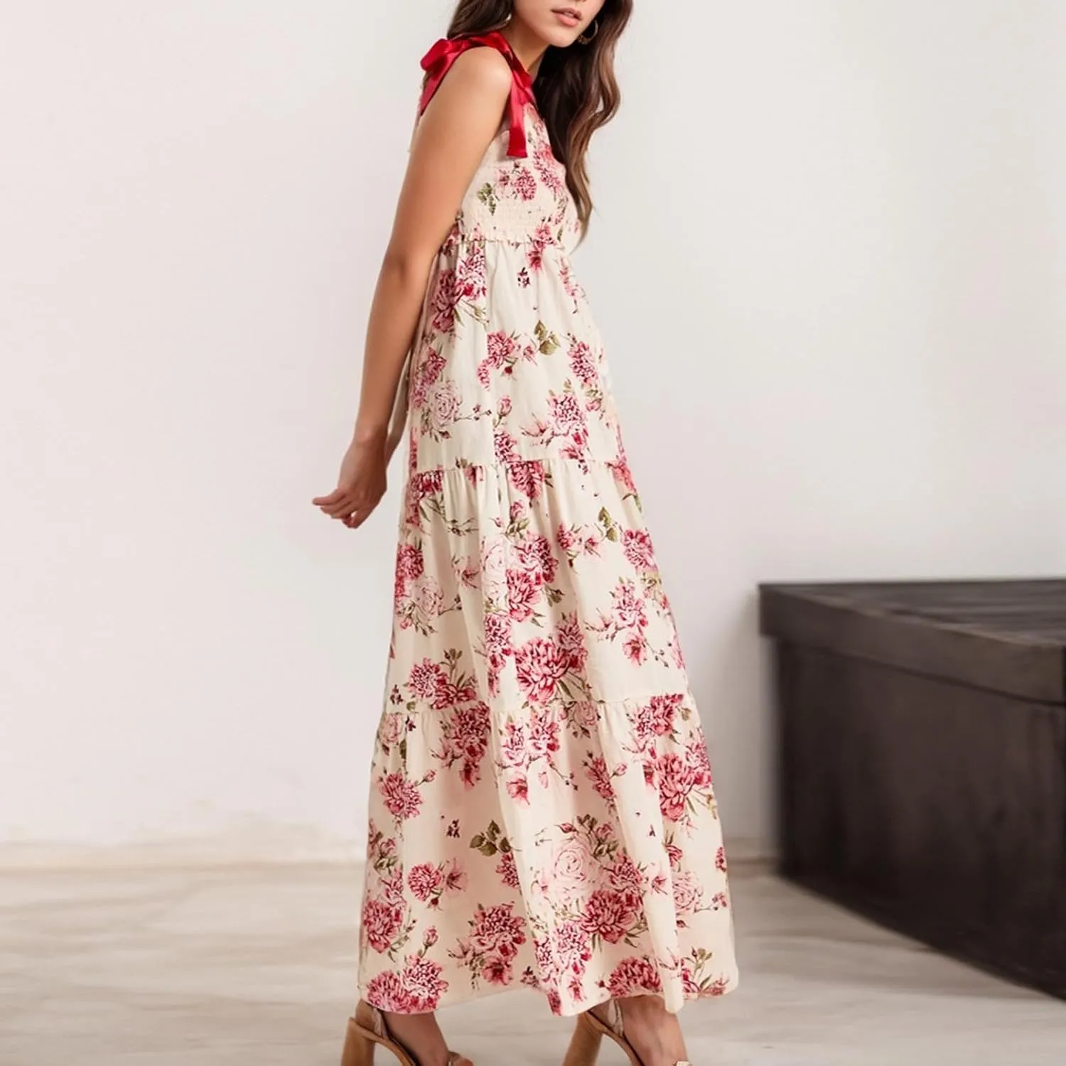 Women Boho Tie Shoulder Maxi Dress Y2k Floral Smocked Spaghetti Sleeveless Flowy Summer Lace Patchwork Beach Sundress