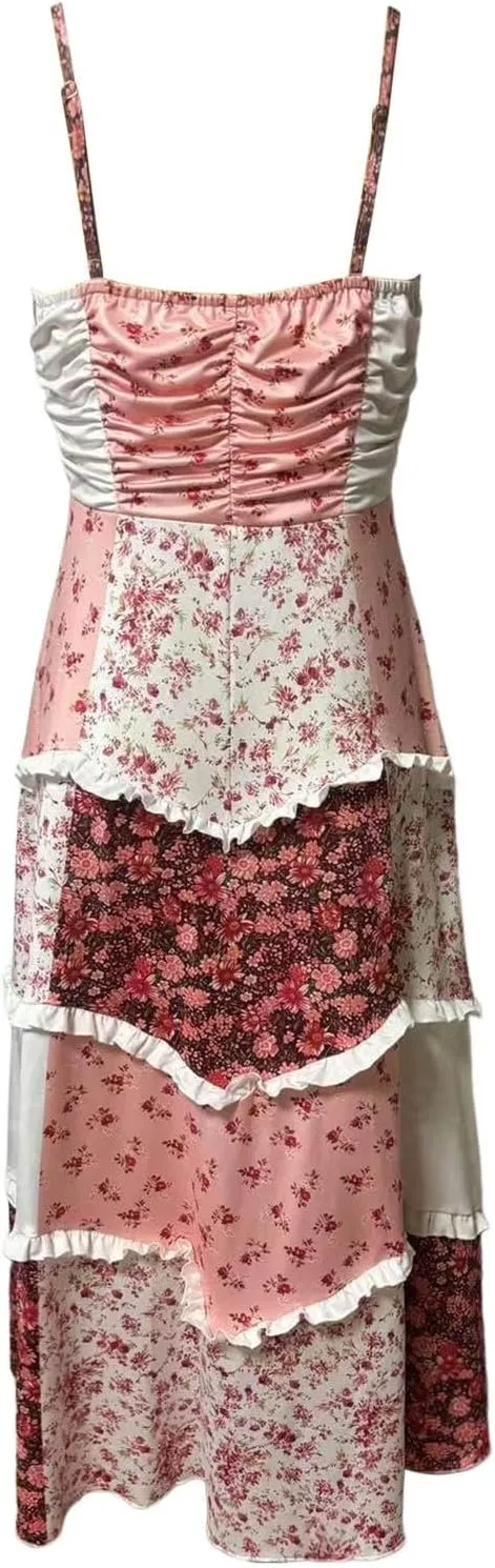 Women Boho Tie Shoulder Maxi Dress Y2k Floral Smocked Spaghetti Sleeveless Flowy Summer Lace Patchwork Beach Sundress