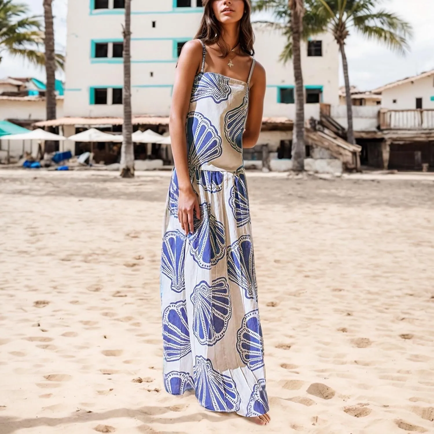 Women Boho Tie Shoulder Maxi Dress Y2k Floral Smocked Spaghetti Sleeveless Flowy Summer Lace Patchwork Beach Sundress
