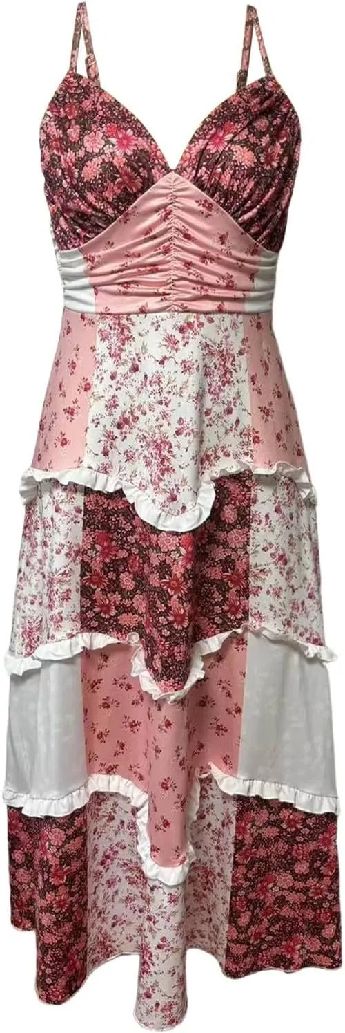 Women Boho Tie Shoulder Maxi Dress Y2k Floral Smocked Spaghetti Sleeveless Flowy Summer Lace Patchwork Beach Sundress