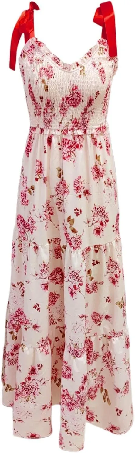 Women Boho Tie Shoulder Maxi Dress Y2k Floral Smocked Spaghetti Sleeveless Flowy Summer Lace Patchwork Beach Sundress